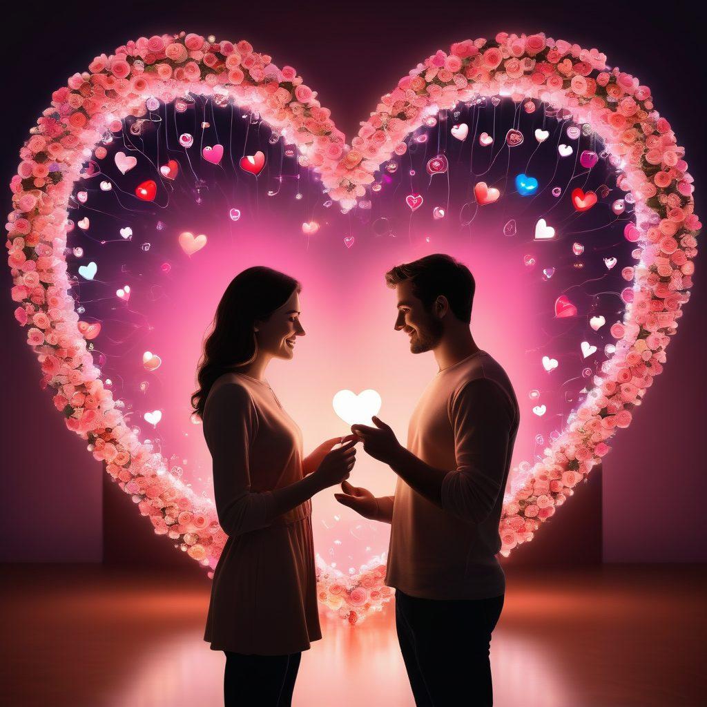 A heart-shaped digital interface surrounded by floating symbols of love like hearts, roses, and chat bubbles, depicting technology enhancing human connection. Include a couple engaging over a digital device, with soft glowing lights in the background to signify warmth and intimacy. Use vibrant colors to convey emotions of affection. super-realistic. vibrant colors. soft glow.