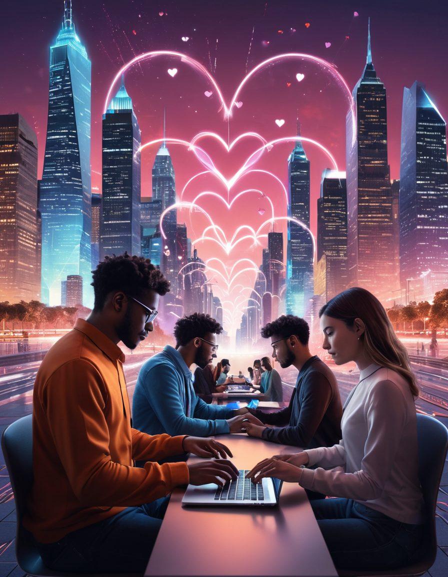 A digital collage depicting the transition from face-to-face interactions to virtual connections, showcasing people interacting through laptops and smartphones, with glowing digital pathways connecting them. Incorporate elements like hearts and social media icons to symbolize relationships, set against a backdrop of a city skyline merging into a digital landscape. The color scheme should be a blend of warm and cool tones to represent emotions and technology. vibrant colors. 3D.