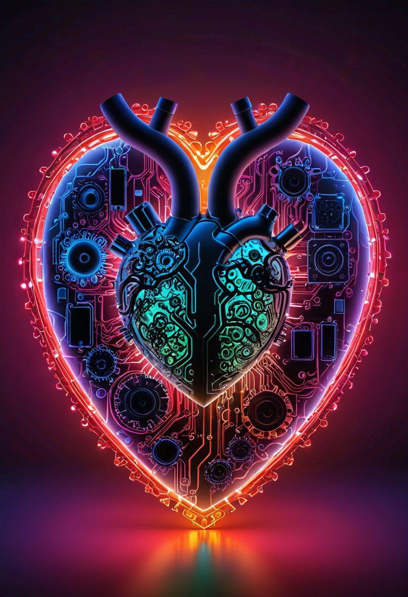 A glowing, digital heart composed of interconnected circuit lines and gears, pulsating amidst a vibrant, blurred background of various innovative tech devices like smartphones, tablets, and wearable gadgets. Additionally, include subtle hints of romantic elements, such as soft glowing hearts or silhouettes of couples in the background. The overall feel should convey warmth and connectivity in the digital age. super-realistic. vibrant colors. 3D.